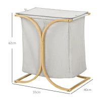 Portabiancheria a 2 Cesti con Coperchio in Bambù e Poliestere, 55x40x62 cm, Grigio e color Legno