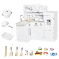Cucina Giocattolo per Bambini in Legno con 14 Accessori, Forno, Lavandino, Frigo e Microonde, Età 3+ Anni, 86x64x84.5cm, Bianco e Argento