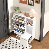 Scarpiera con sgabello per cambio scarpe, per corridoi e camere da letto, 105x25x115,5 cm, Bianco e Oro