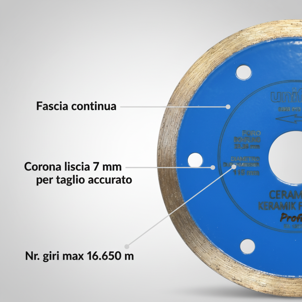 Disco diamantato ceramica per taglio preciso di piastrelle Ø 115 x 1.6 mm