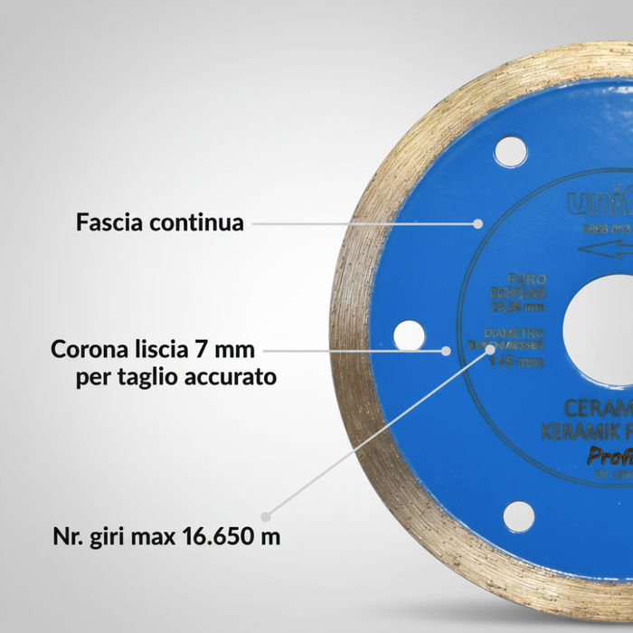 Disco diamantato ceramica per taglio preciso di piastrelle Ø 115 x 1.6 mm