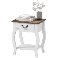 Comodino con Cassetto e Ripiano Aperto in Stile Francese in Legno, 45x35x55 cm, Bianco e Rovere