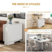 Tavolo Pieghevole Salvaspazio a 2 Ribalte per 6 Persone con Ripiani e Ruote, Bianco