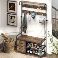 Appendiabiti con Panca Scarpiera Doppia, 10 Ganci Regolabili, e 2 Cassetti, 100x40x180 cm, Marrone Rustico