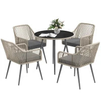 Set da Giardino 5 Pezzi in Rattan e Acciaio con 4 Sedie da Esterno e Tavolo Rotondo con Foro, Marrone e Grigio