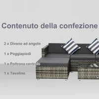 Set Mobili da Giardino da 5 Pezzi, Divanetto per Esterni con Pouf e Tavolino in Rattan PE, Grigio