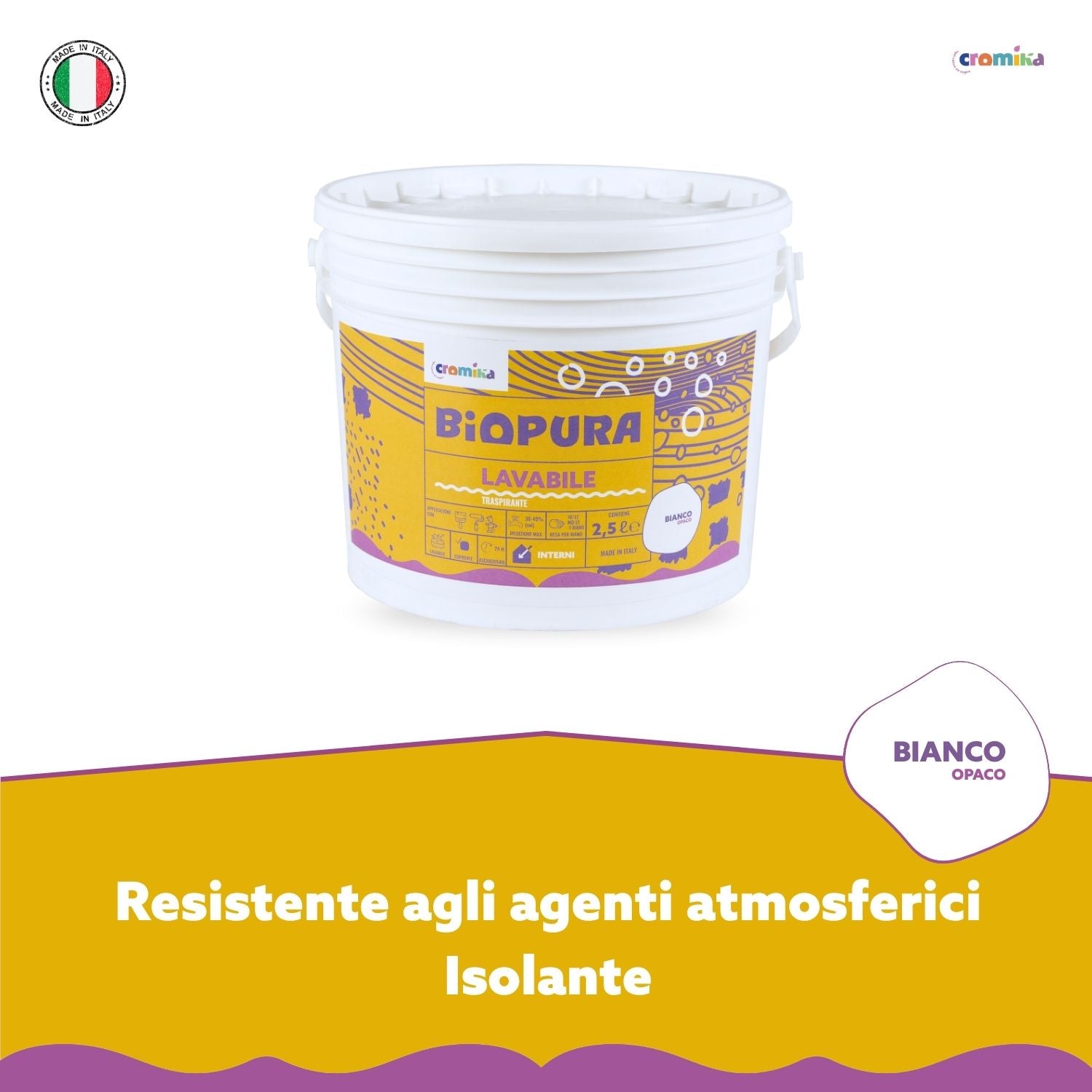 Superpittura lavabile traspirante interni alta copertura linea biopura cromika *** formato 2.5 lt, confezione 1