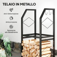 Portalegna da Esterno e Interno a 2 Livelli con 3 Ganci Laterali in Acciaio, 41x30x81 cm, Nero