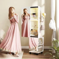 Specchio Porta Gioielli con Luci LED Armadio per Gioielli a Giro di 360° Serratura e Chiavi Superficie Bianca e Rivestimento Beige