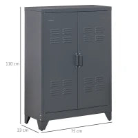 Mobiletto Multiuso 2 Ante Stile Industriale in Metallo per Casa e Garage, 75x33x110cm, Grigio