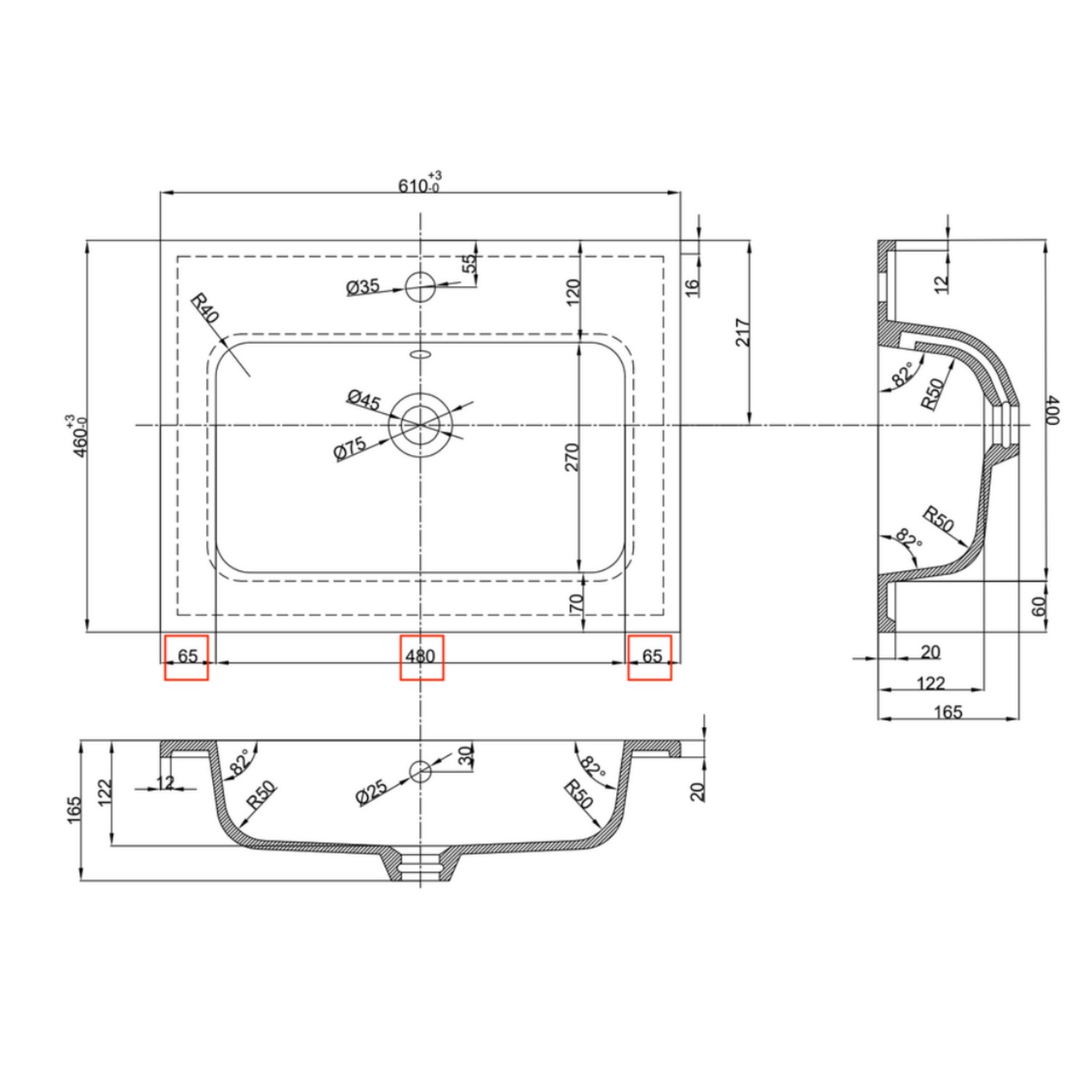 Lavabo ad incasso mineral marmo colore grigio cenere mobile composizione bagno *** misure 61x46 cm, confezione 1