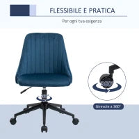 Sedia da Ufficio in Velluto Blu con Altezza Regolabile, Sedia Ergonomica Girevole a 360° e Ruote, 50x58x77-87cm