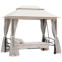 Dondolo 3 Posti e Lettino Singolo Copertura a Gazebo con Zanzariera e Cuscini 256x172x248cm Crema