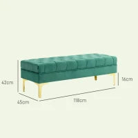 Panca Fondo Letto Imbottita con Rivestimento Trapuntato in Tessuto Effetto Velluto, 118x45x42 cm, Verde Scuro