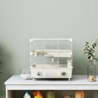 Gabbia per Criceti a 2 Livelli e 3 Porte con Ruota e Tubi, in Acciaio, PS e PP, 44.5x28x44 cm, Crema e Bianco