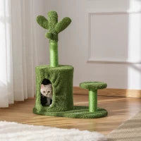 Albero Tiragraffi per Gatti Fino 4.5kg a Forma di Cactus con Palline e Cuccia, 60x35x78cm - Verde