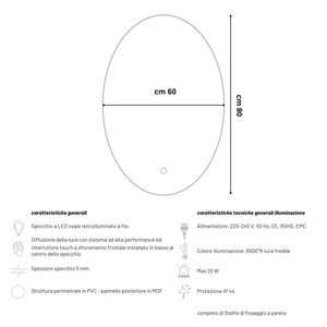 Specchio 5 mm ovale retroilluminato led interruttore touch pvc e mdf *** misure 60x80 cm, tonalità dimmerabile 2700-...