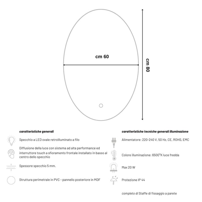 Specchio 5 mm ovale retroilluminato led interruttore touch pvc e mdf *** misure 60x80 cm, tonalità dimmerabile 2700-...