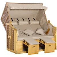 Sedia a Sdraio 3 Posti Lettino con Tetto 2 Tavolini Ribaltabili Poggiapiedi Chaise Longue Schienale Regolabile a 5 Posizioni XXL Poly Rattan Naturale 150 x 79 x 160 cm