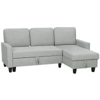 Divano Letto 3 Posti con Chaise e Spazio Contenitore, in Tessuto Effetto Lino, 197x129x85 cm, Grigio e Nero