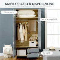 Guardaroba a 2 Ante in Truciolato e MDF con Binario, 3 Ripiani e 2 Cassetti per Soggiorno e Camera, 88.9x50.1x184.5 cm