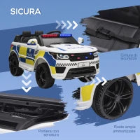 Macchina Elettrica per Bambini della Polizia, 12V Auto Elettrica per Bambini con Telecomando, Sirena Luci Attacco USB per Musica, 110x68x52cm, Bianco