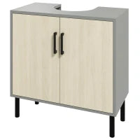 kleankin Mobile Bagno sottolavabo con Doppia anta e ripiano in Truciolato, 60x30x60cm, Grigio e color Quercia