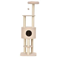 Albero Tiragraffi Robusto per Gatti con 5 Livelli, Cuccia, Casetta, Giochi e Corda Sisal, Beige, Max 30kg