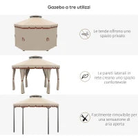 Gazebo da Giardino 4x4m Esagonale con Doppio Tetto e Tende Laterali Rimovibili, Marrone