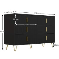 Credenza con 6 cassetti, maniglie e gambe dorate, texture ondulata, 120x40x77 cm, Nero e Oro