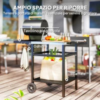 Carrello per Barbecue con Piano in Acciaio e Ripiano Richiudibile, Ruote e Ganci, 91x58x76 cm, Nero