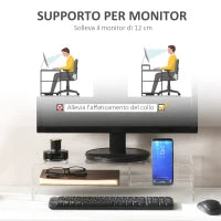 Supporto Monitor PC 24" max con 2 Ripiani Aperti, in Acrilico Trasparente, 50.8x19x12 cm
