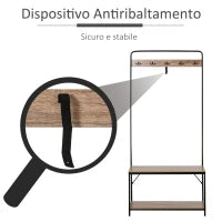 Appendiabiti con Panca e Scarpiera in Stile Industriale, Mobile per Ingresso Vintage in Legno e Acciaio Nero