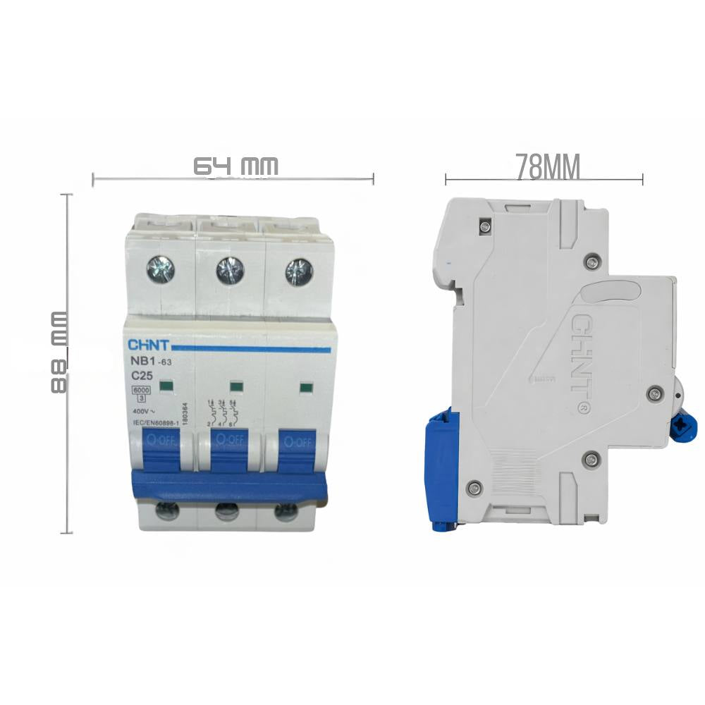 Chint nb1-63 interruttore magnetotermico 3p curva c 6ka guida din *** ampere 25 ampere, confezione 1