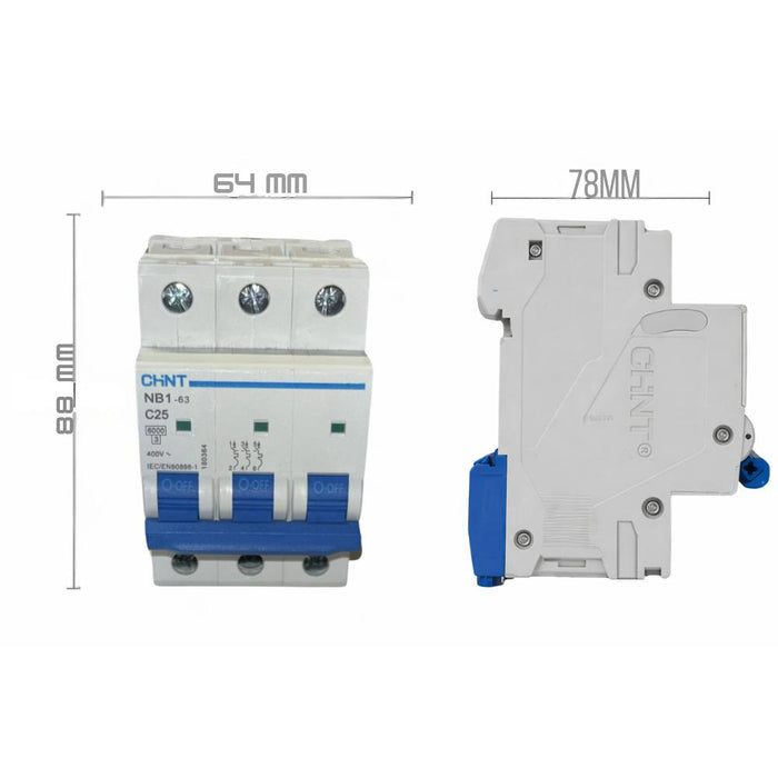 Chint nb1-63 interruttore magnetotermico 3p curva c 6ka guida din *** ampere 25 ampere, confezione 1