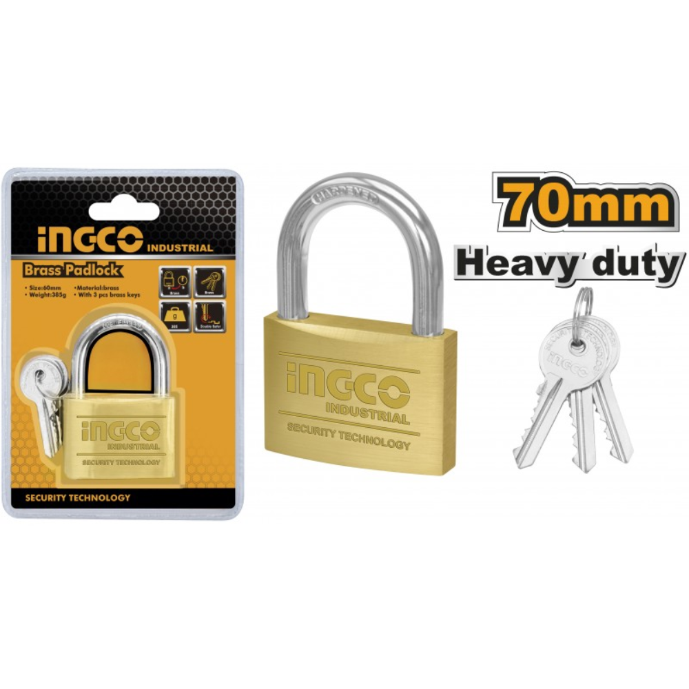 Lucchetto ad arco ottone con 3 chiavi estraibili ottone nichelato ingco *** lunghezza 70 mm, confezione 1