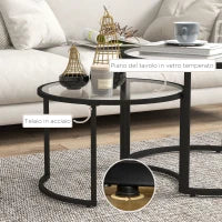 Set 2 Tavolini da Caffè Sovrapponibili in Vetro e Acciaio, Ø70x47.5 cm e Ø54 x 42.5 cm, Nero