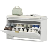 Panca Scarpiera con Ripiano Interno, in Legno e Tessuto Effetto Lino, 80x26x47.5 cm, Bianca e Beige