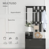 Mobile da Ingresso Appendiabiti con Scarpiera e Specchio, in Truciolato, 90x10x102 cm, Nero