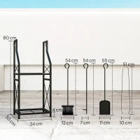 Portalegna in Metallo a 2 Livelli con 4 Ganci per Attrezzi 34x30x80 cm Nero