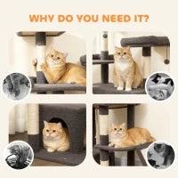 Albero tiragraffi con 3 letti, 2 piattaforme e 3 giocattoli sospesi, altezza 174 cm, Grigio