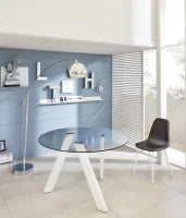 E-STYLO Tavolo fisso con top in vetro temperato e gambe in metallo bianco, 120cm X 120cm H. 75cm.