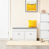 Panca Scarpiera Salvaspazio in Legno con Cuscino, 2 Cassetti con Mensola Regolabile per 8 Scarpe, 104x24x55cm, Bianco