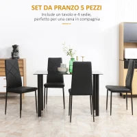 Set Tavolo da Pranzo con 4 Sedie, Piano in Vetro e Sedie Imbottite in Finta Pelle, Nero