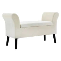 Panca Contenitore con Braccioli, in Tessuto Effetto Velluto e Legno, 111.5x41x65 cm, Bianco Crema