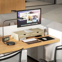 Rialzo per Monitor per Ufficio, Supporto per Schermo PC da 60-116 cm con 2 Cassetti, Lunghezza e Angolo Regolabili, Rovere