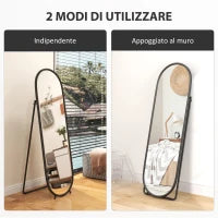 Specchio a Figura Intera da Terra con Supporto Pieghevole, in Vetro e Metallo, 40x41x159 cm, Nero
