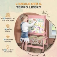 Lavagna per Bambini con Cavalletto 3 in 1 e 2 Contenitori, Età 3-8 anni, 54x46.5x93cm, Rosa