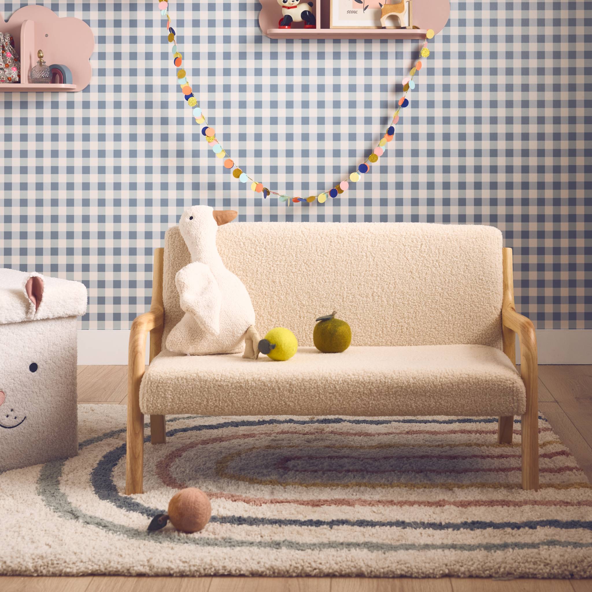 Panca per bambini scandinava, tessuto bouclé, 2 posti, beige