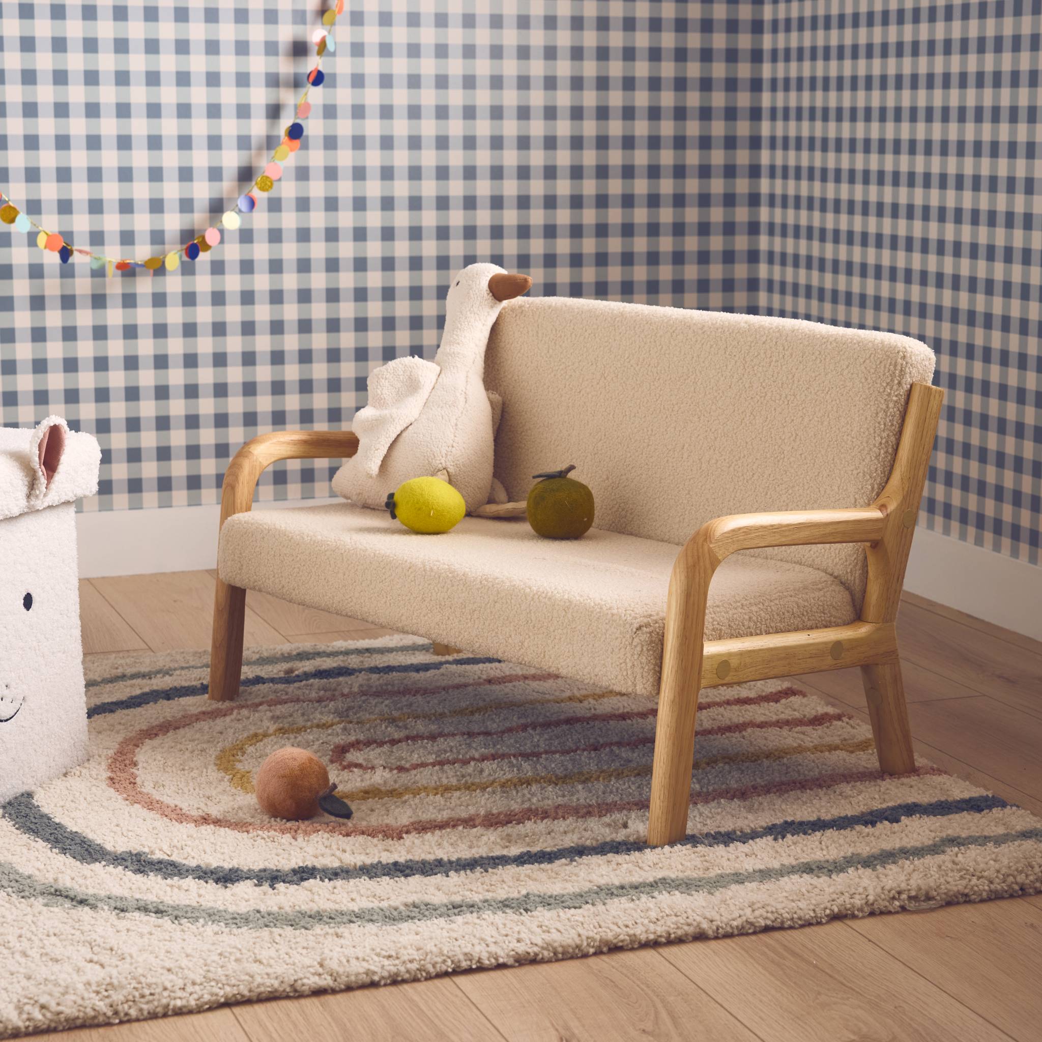 Panca per bambini scandinava, tessuto bouclé, 2 posti, beige